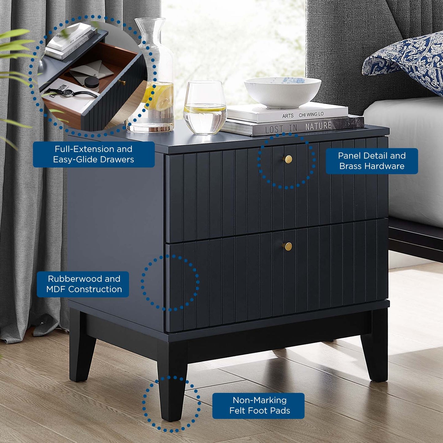 Dakota Nightstand - Contemporary Elegance with Generous Storage, Brass Hardware, and Durable Rubberwood Construction in Blue