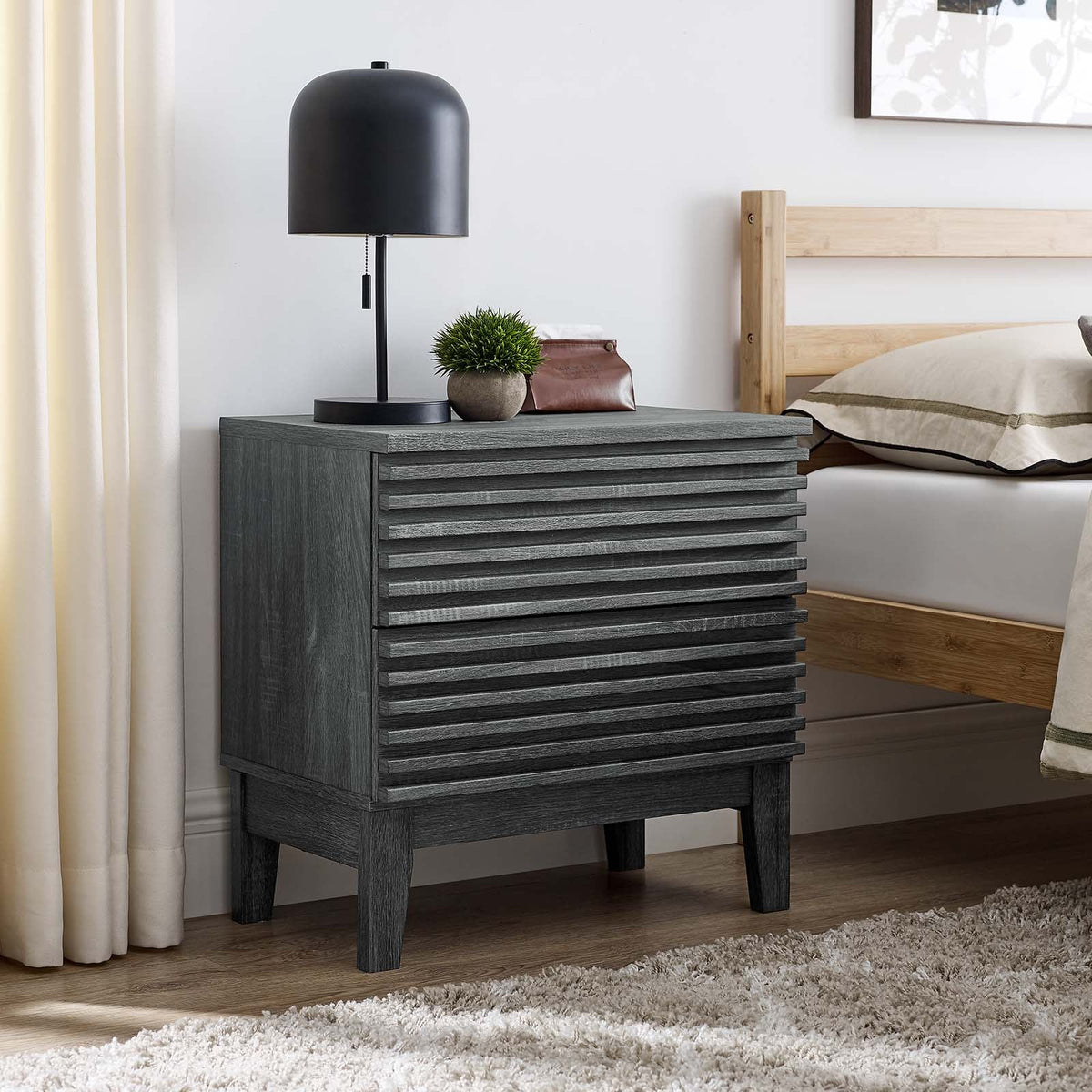 Render Nightstand with Walnut and Charcoal Oak Finish and 2 Drawers