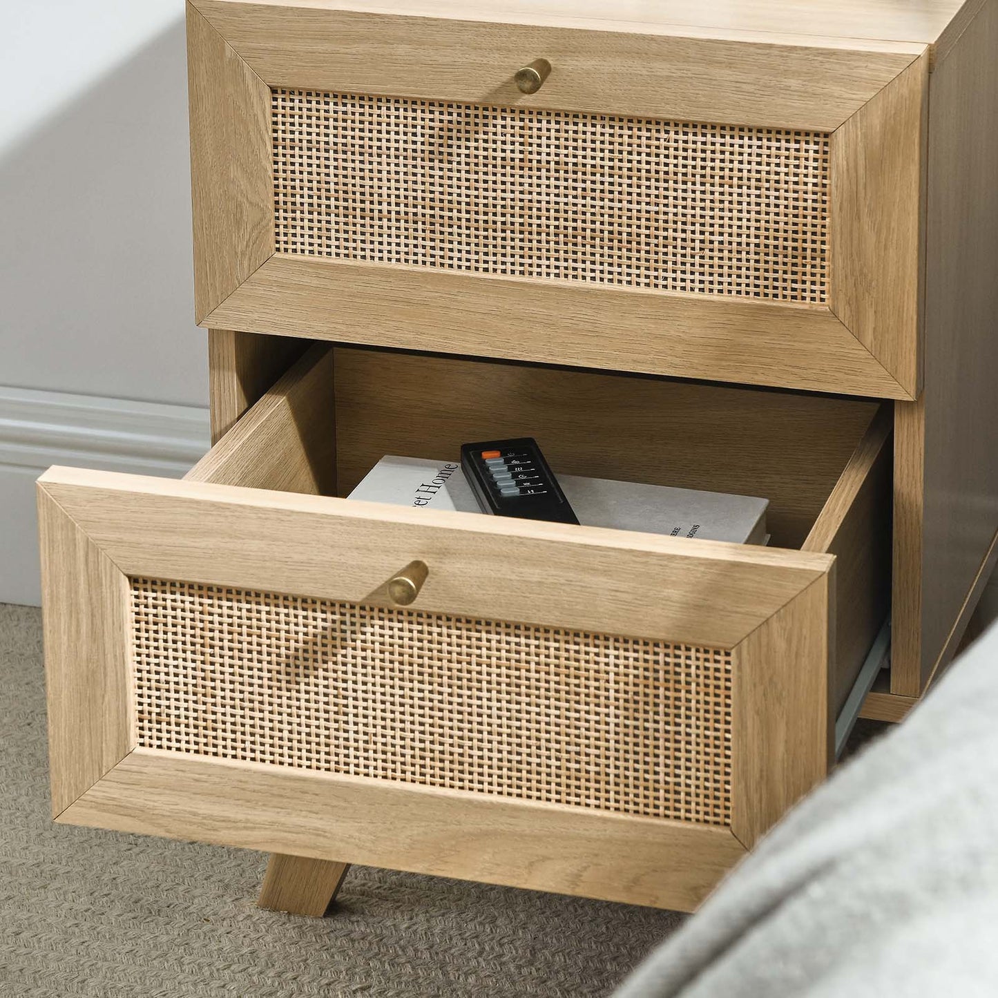 Soma Modern Nightstand with Rattan Weave Design - Two Spacious Drawers for Chic Bedroom Storage in Oak