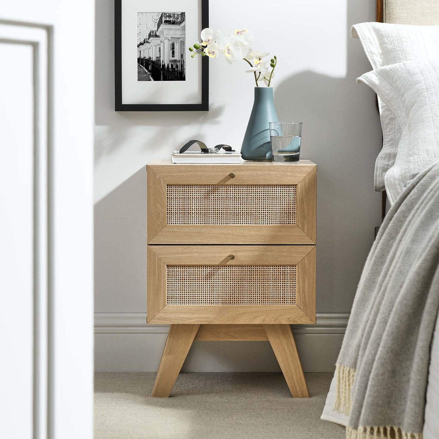 Soma Modern Nightstand with Rattan Weave β Two Spacious Oak Drawers for Chic Bedroom Storage