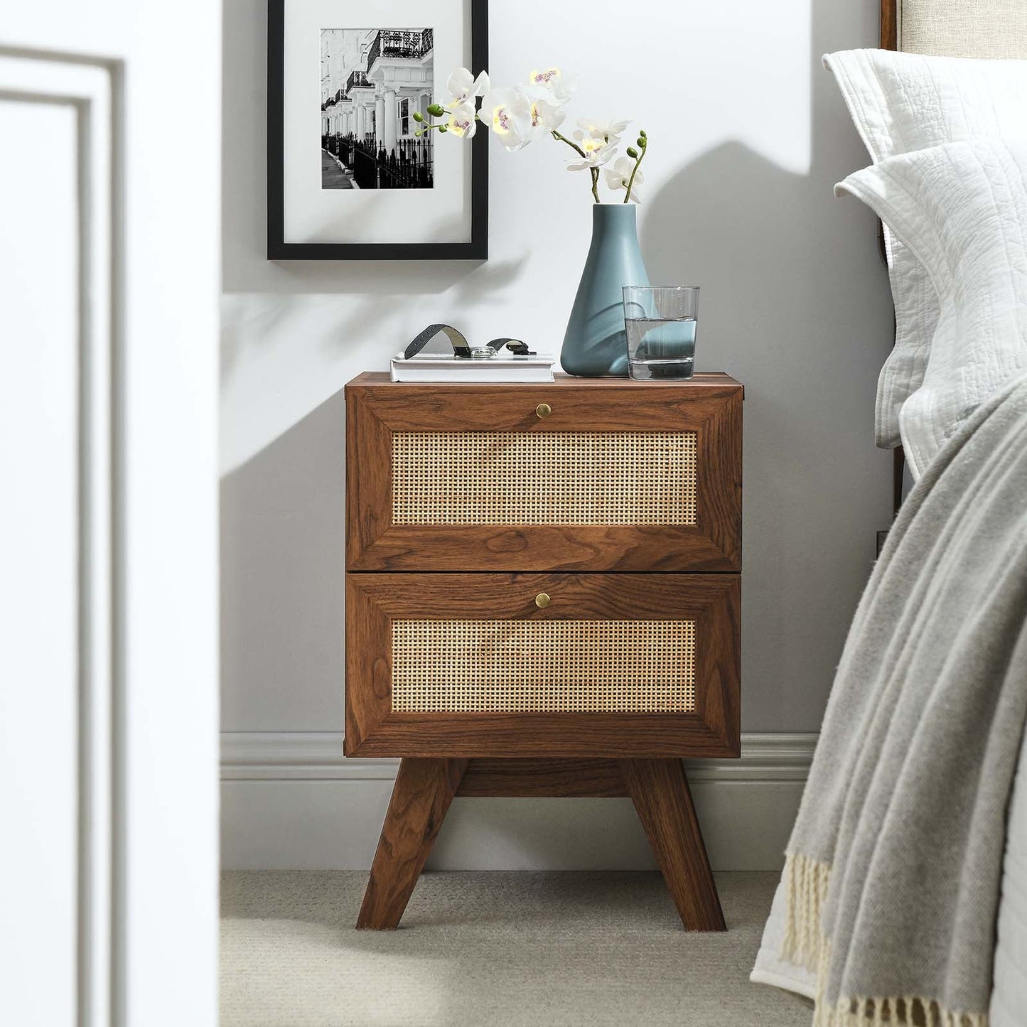 Soma Modern Nightstand with Rattan Weave Design - Two Spacious Drawers for Chic Bedroom Storage in Oak