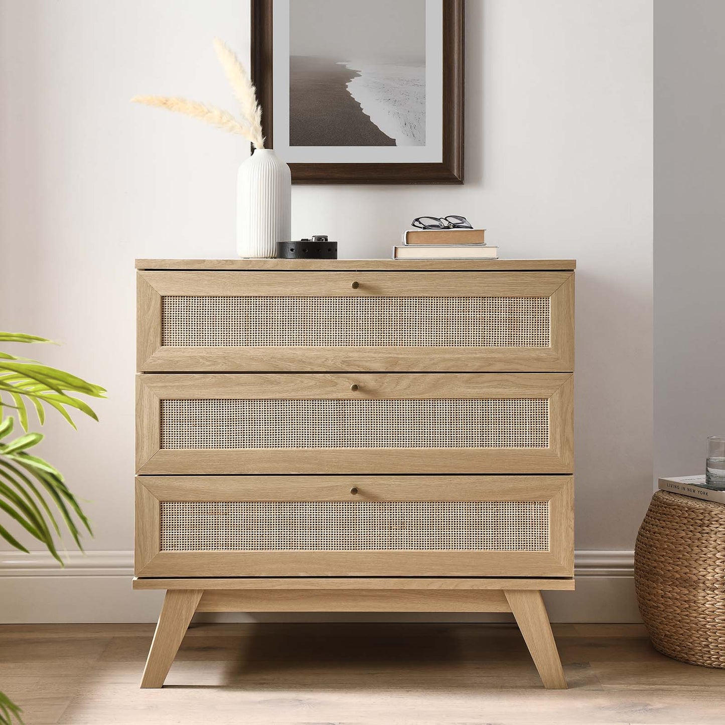 Soma 3-Drawer Dresser with Rattan Weave β Elegant Oak Storage for Bedroom Essentials & DΓ©cor