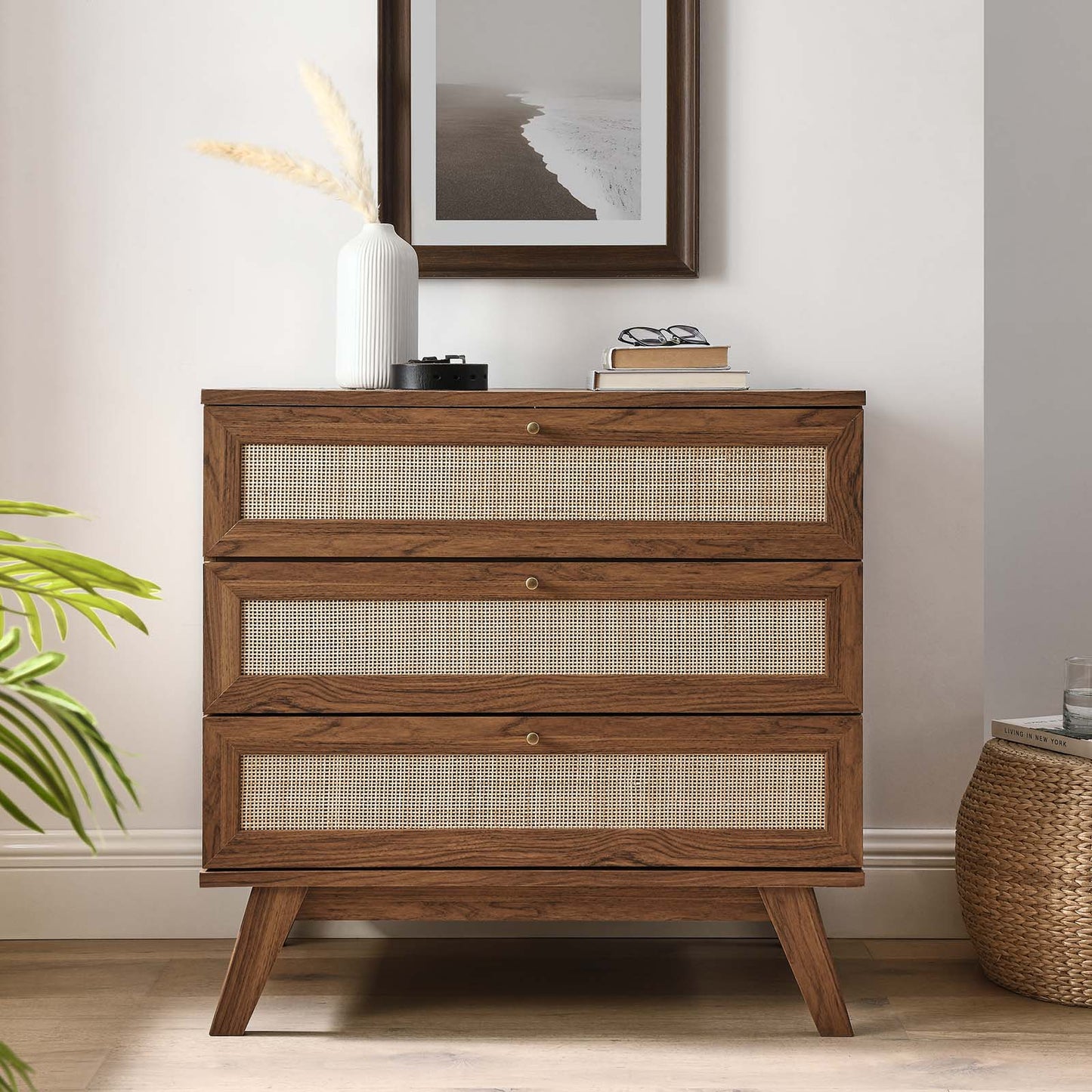 Soma 3-Drawer Dresser with Rattan Weave - Elegant Storage Solution for Bedroom Essentials and Décor in Oak