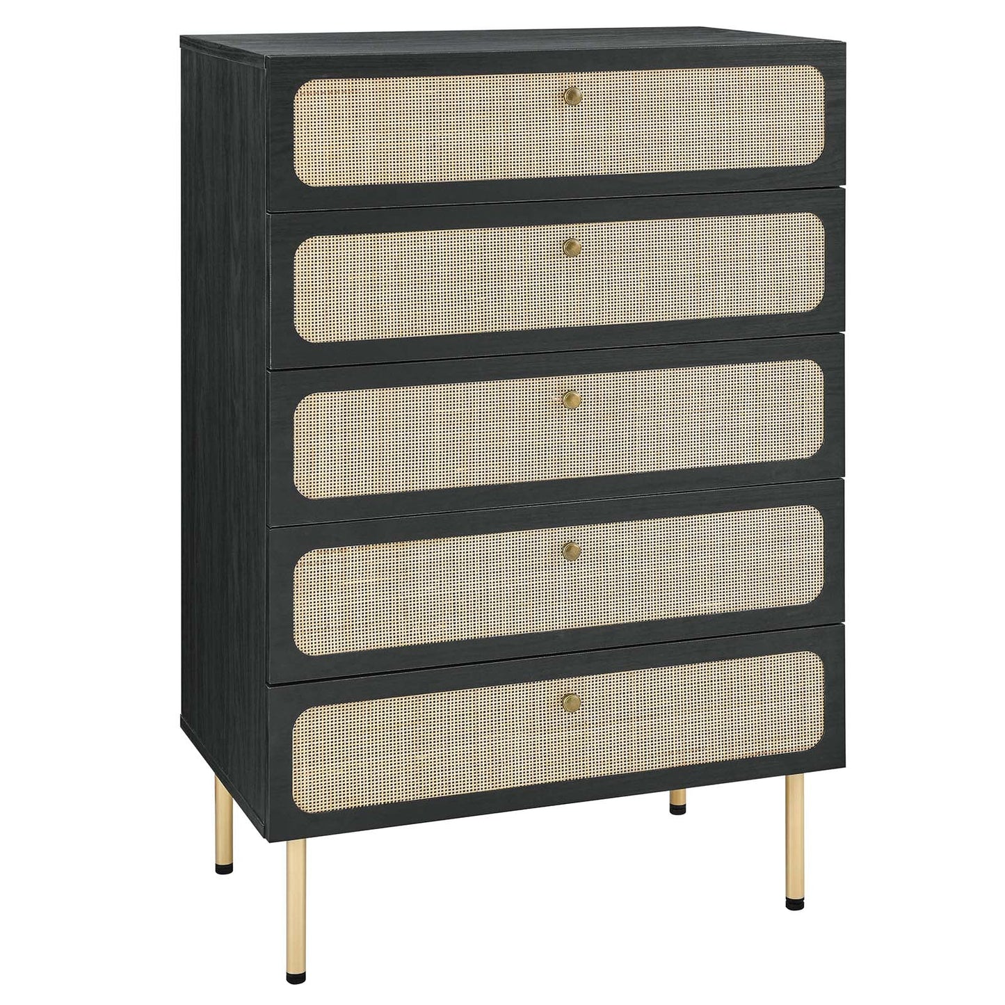 Chaucer 5-Drawer Chest with Chic Rattan Accents for Contemporary Bedroom Storage and Organization