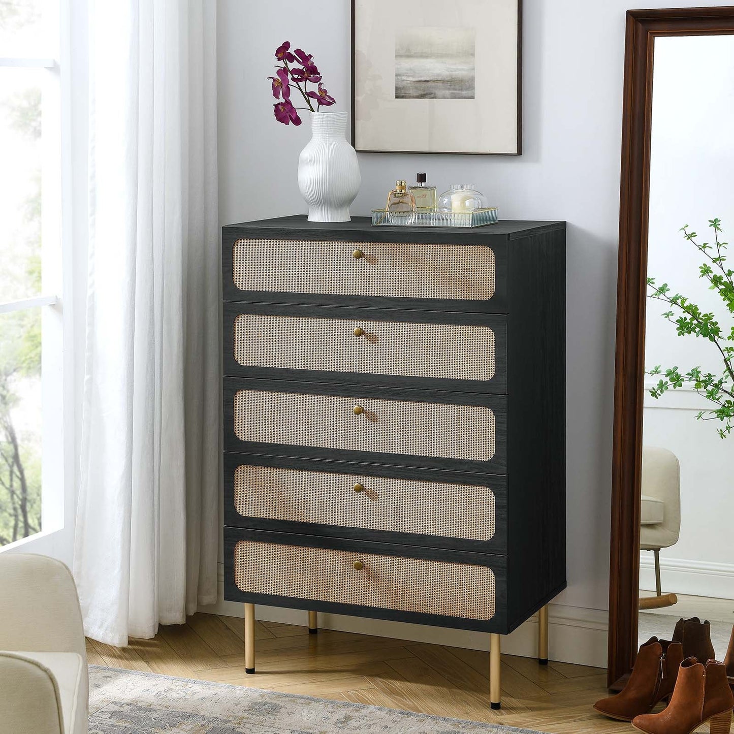 Chaucer 5-Drawer Chest with Chic Rattan Accents for Contemporary Bedroom Storage and Organization