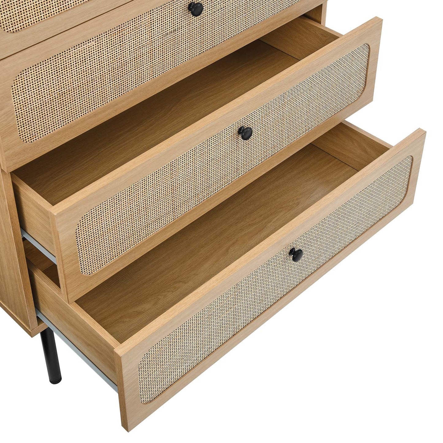Chaucer 5-Drawer Chest with Chic Rattan Accents for Contemporary Bedroom Storage and Organization