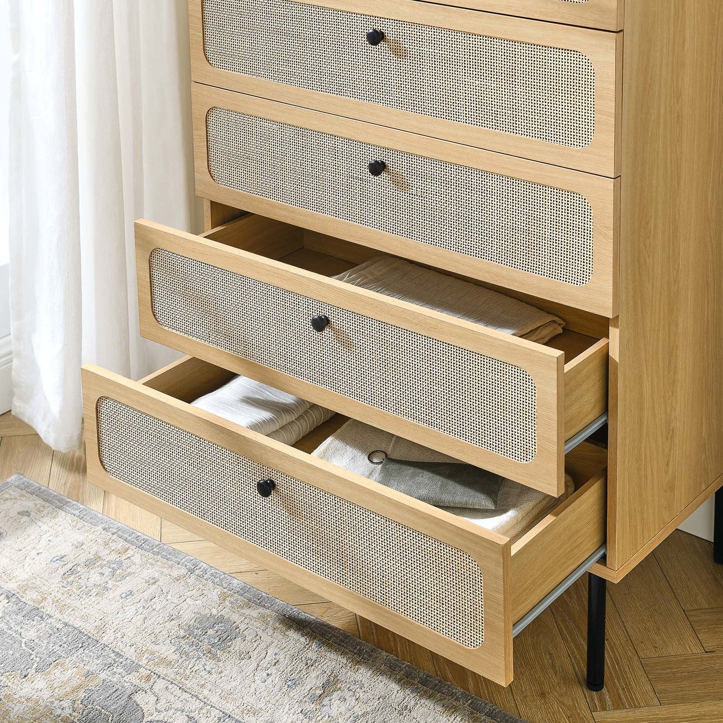 Chaucer 5-Drawer Chest with Chic Rattan Accents for Contemporary Bedroom Storage and Organization