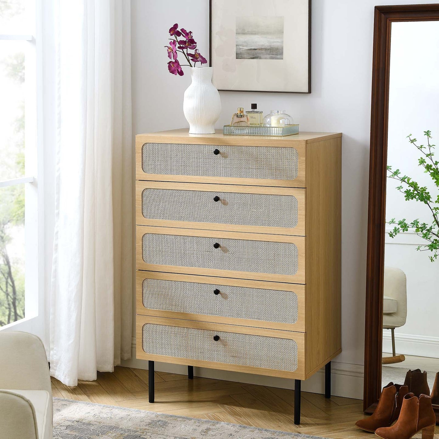 Chaucer 5-Drawer Chest with Chic Rattan Accents for Contemporary Bedroom Storage and Organization