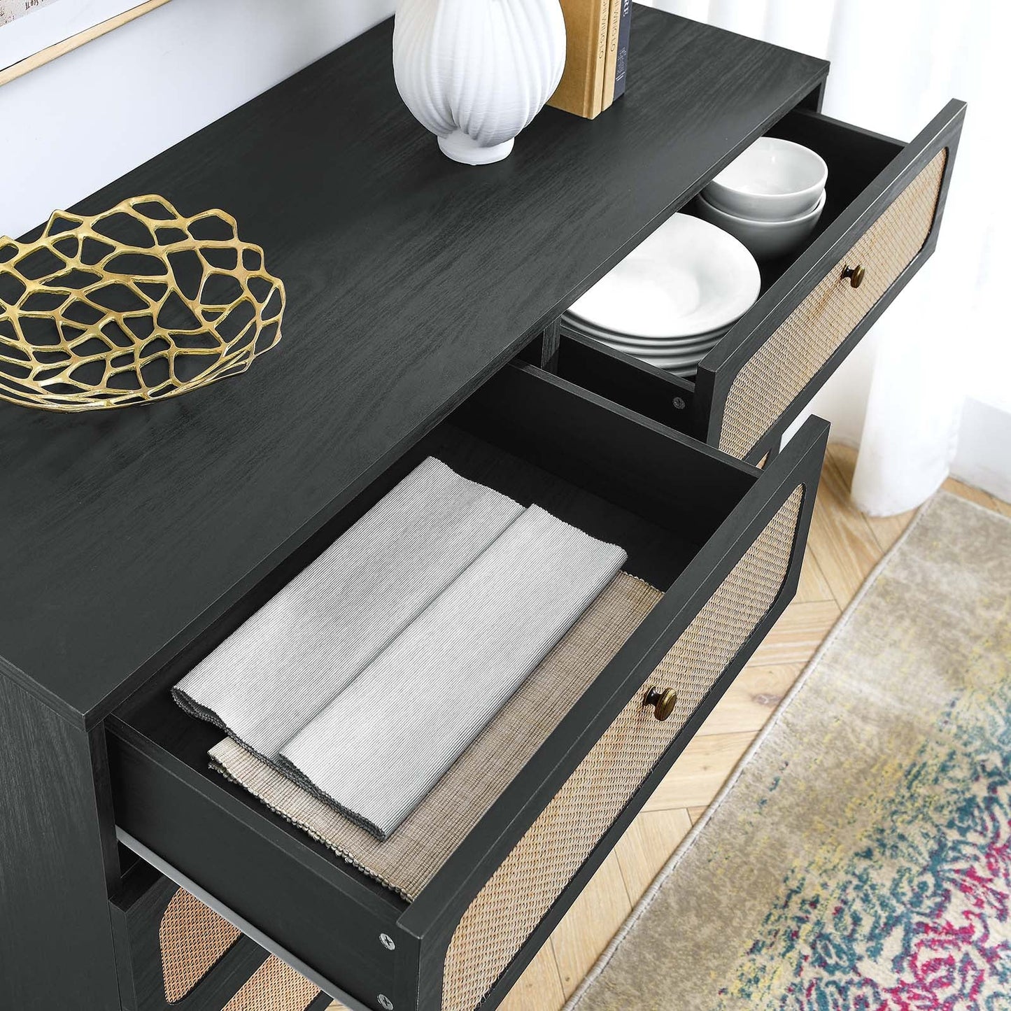 Chaucer 6-Drawer Compact Dresser with Textured Rattan Accents for Elegant Bedroom Storage Solution