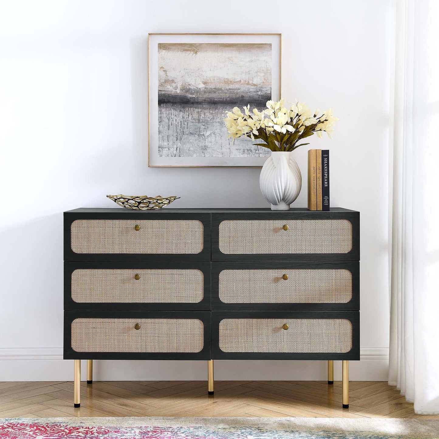 Chaucer 6-Drawer Compact Dresser with Textured Rattan Accents for Elegant Bedroom Storage Solution