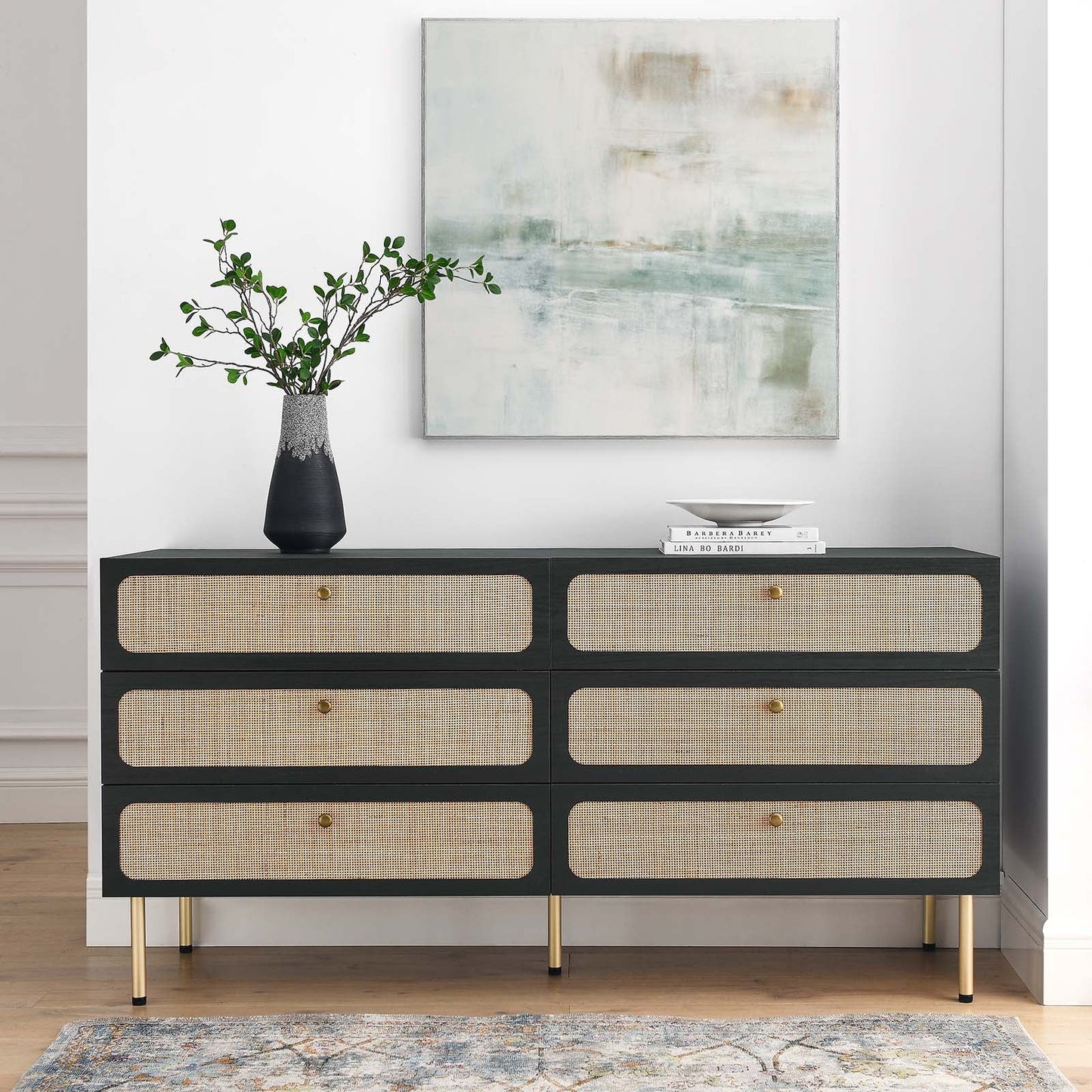 Chaucer 6-Drawer Compact Dresser with Textured Rattan Accents for Chic Bedroom Storage Solution