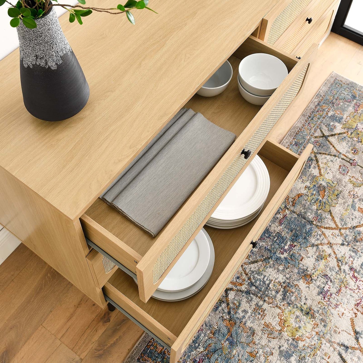 Chaucer 6-Drawer Compact Dresser with Textured Rattan Accents for Chic Bedroom Storage Solution