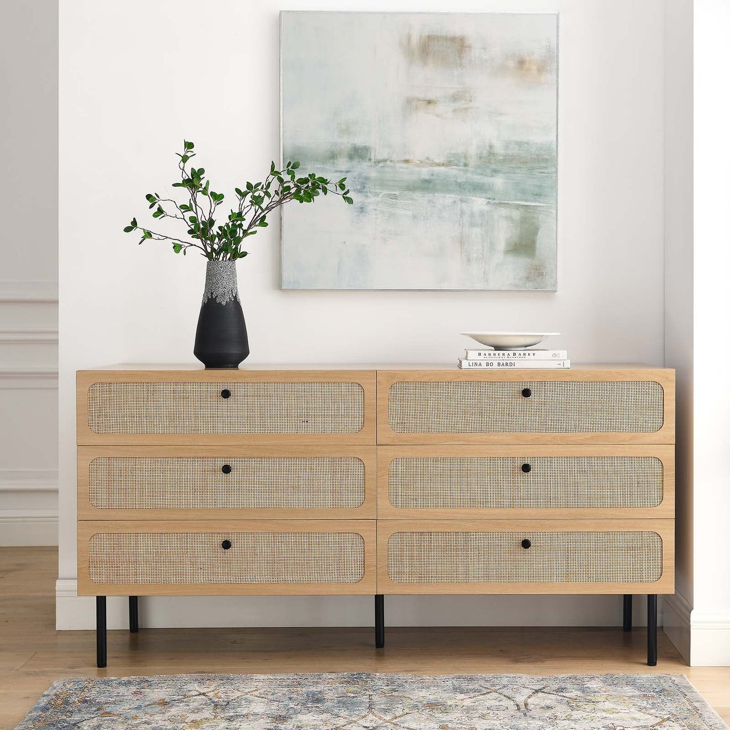 Chaucer 6-Drawer Compact Dresser with Textured Rattan Accents for Chic Bedroom Storage Solution