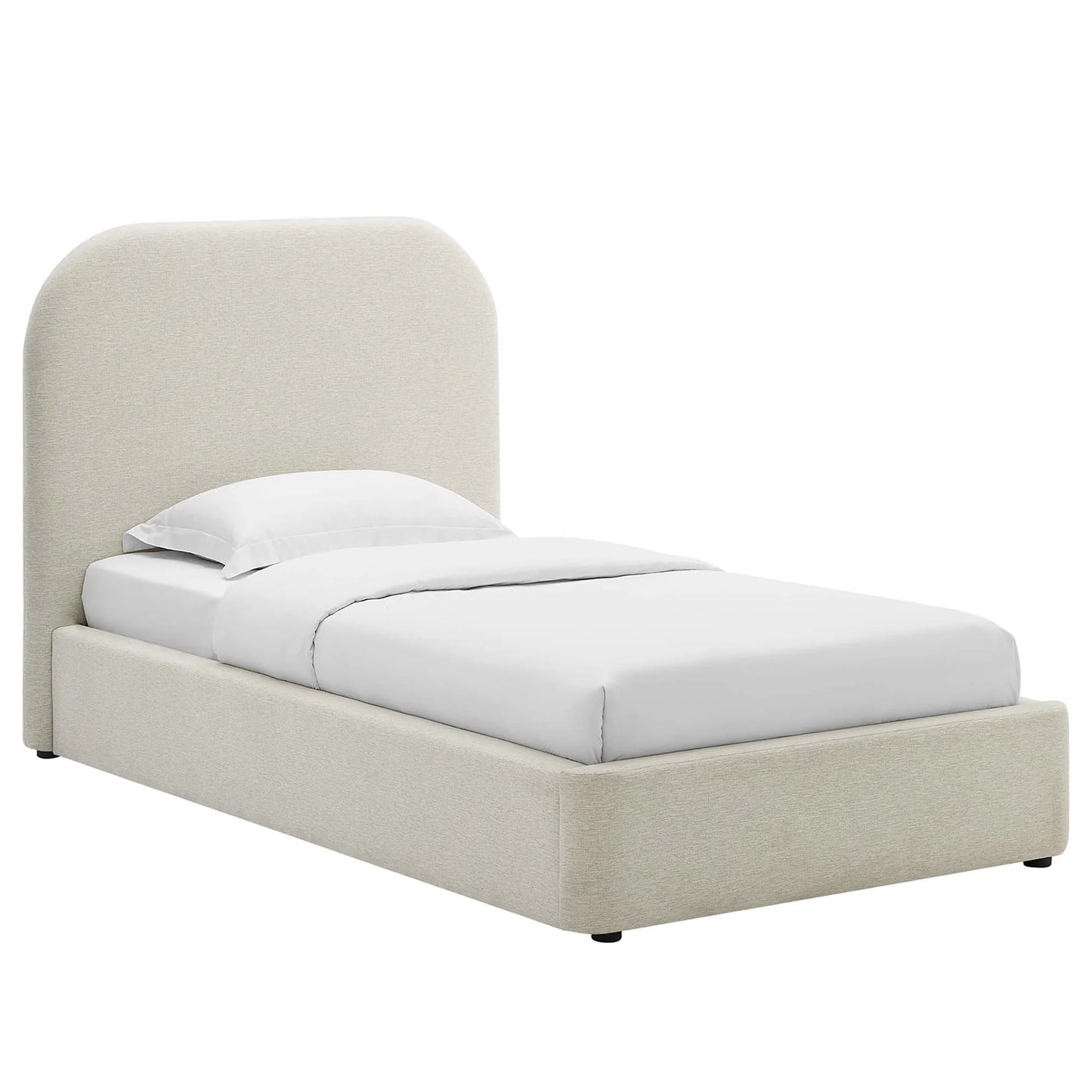 Keynote Upholstered Platform Bed with Curved Headboard and Foam Padding β White, Heathered Weave Ivory Modern Bedroom Furniture