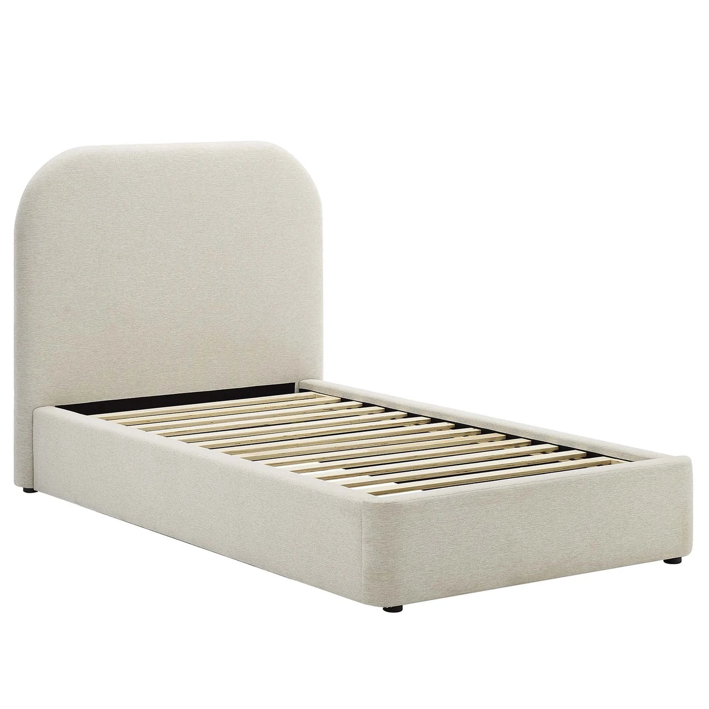 Keynote Upholstered Platform Bed with Curved Headboard and Foam Padding β White, Heathered Weave Ivory Modern Bedroom Furniture