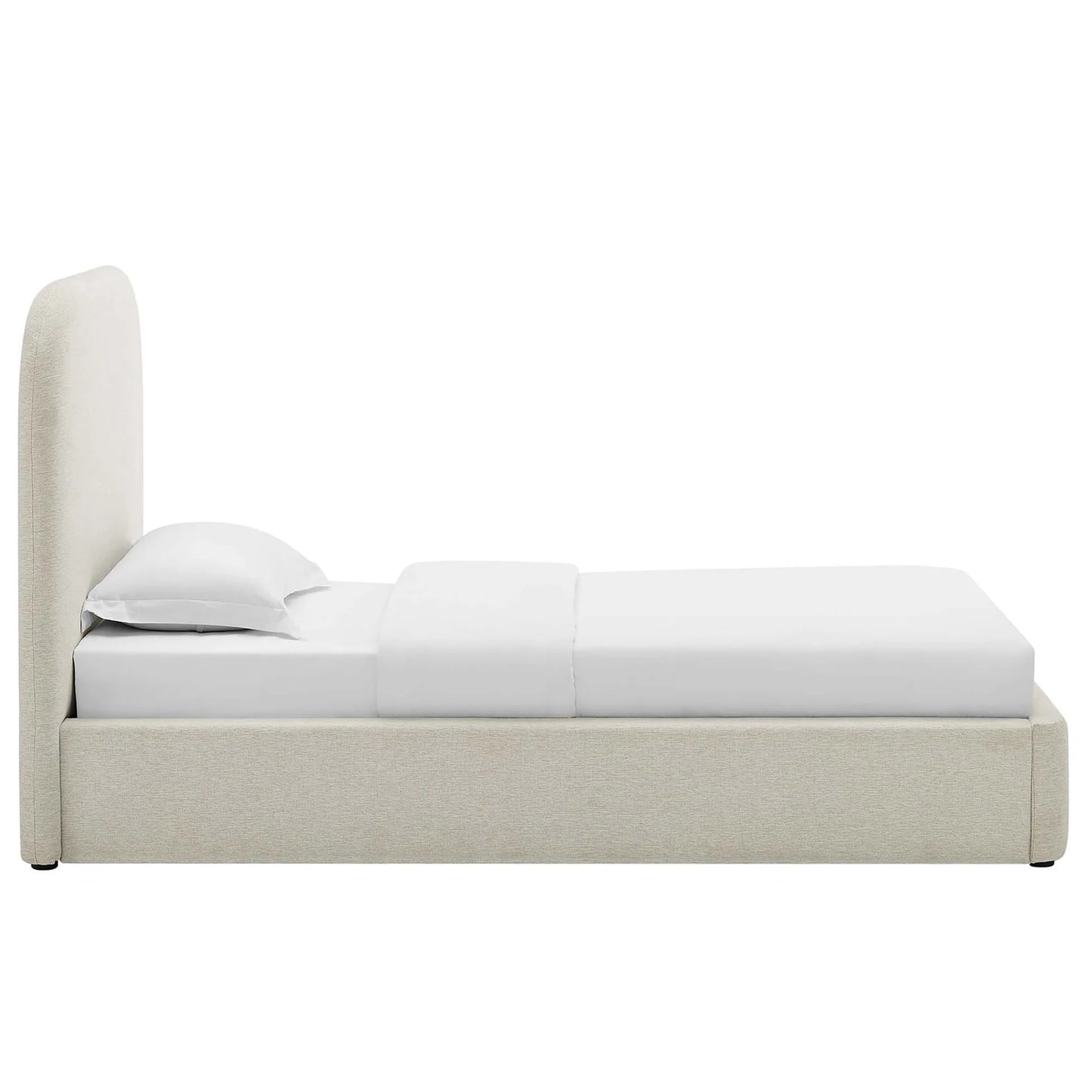 Keynote Upholstered Platform Bed with Curved Headboard and Foam Padding β White, Heathered Weave Ivory Modern Bedroom Furniture
