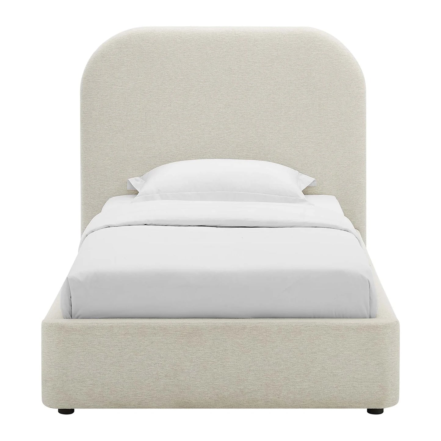 Keynote Upholstered Platform Bed with Curved Headboard and Foam Padding β White, Heathered Weave Ivory Modern Bedroom Furniture