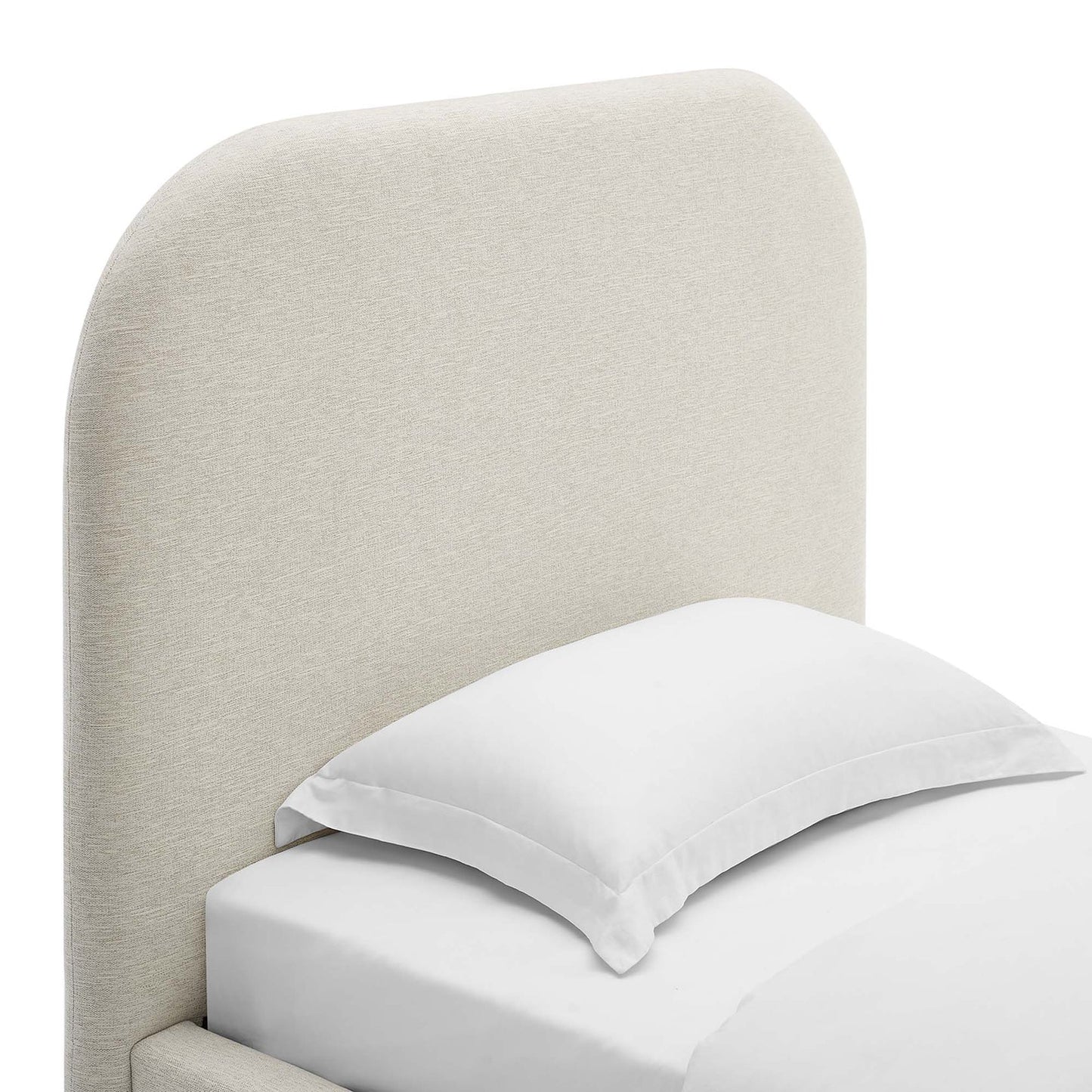 Keynote Upholstered Platform Bed with Curved Headboard and Foam Padding β White, Heathered Weave Ivory Modern Bedroom Furniture