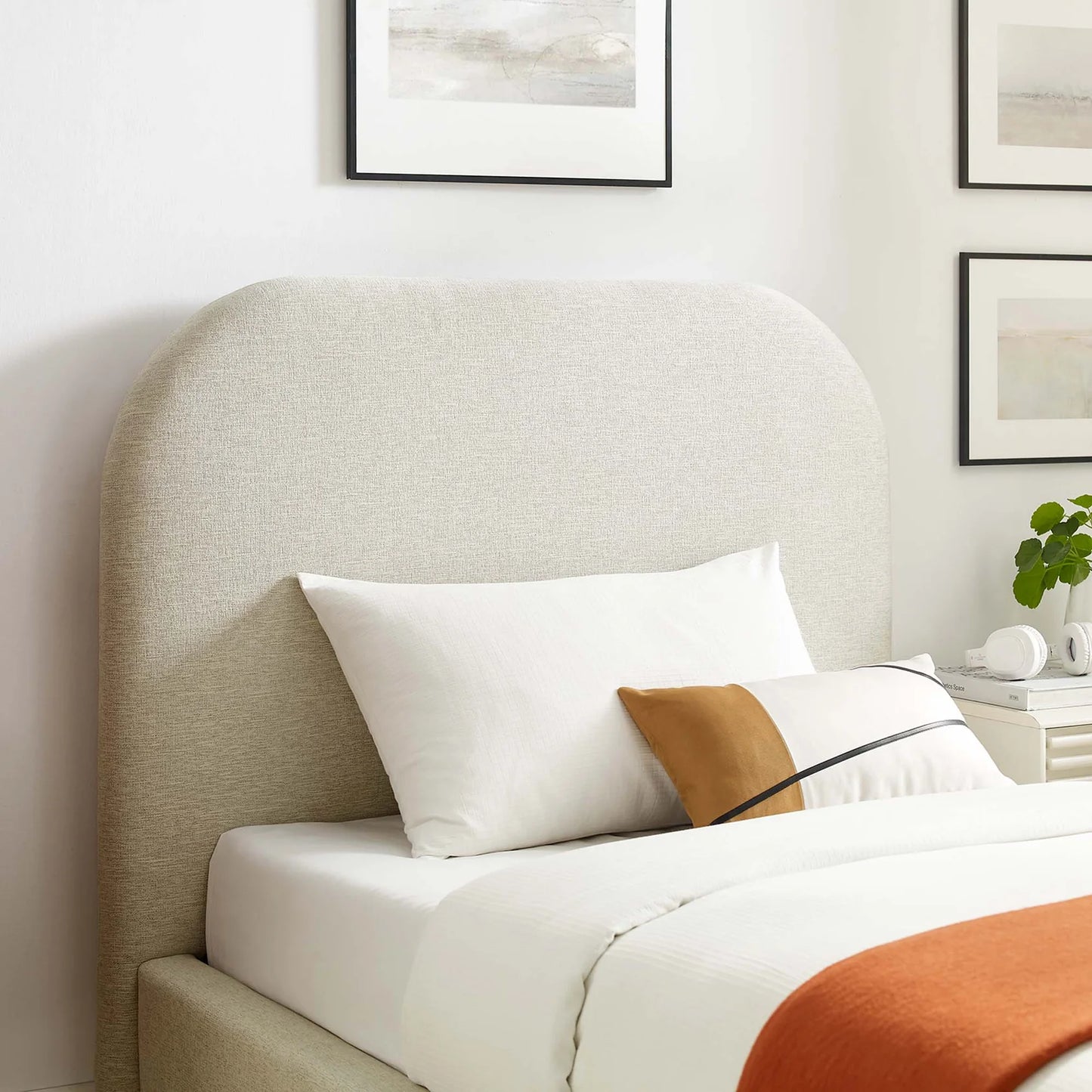 Keynote Upholstered Platform Bed with Curved Headboard and Foam Padding β White, Heathered Weave Ivory Modern Bedroom Furniture