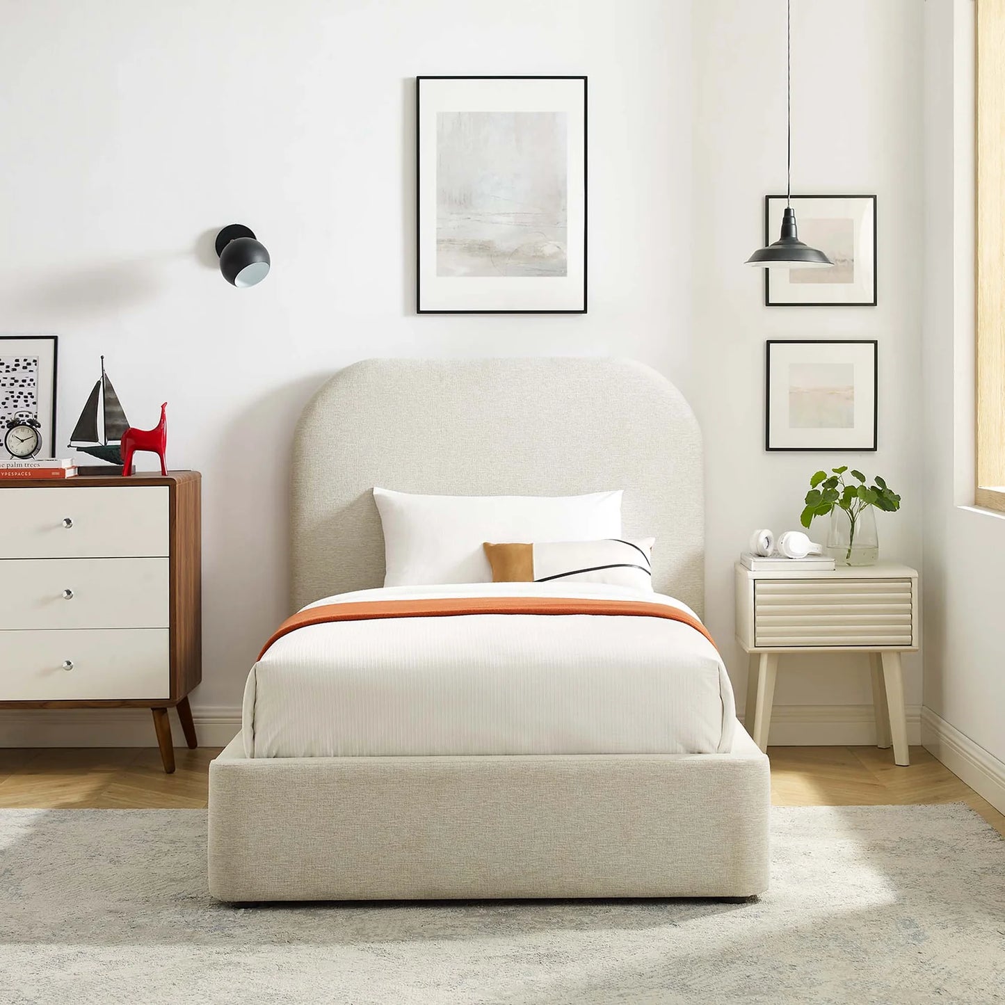 Keynote Upholstered Platform Bed with Curved Headboard and Foam Padding β White, Heathered Weave Ivory Modern Bedroom Furniture