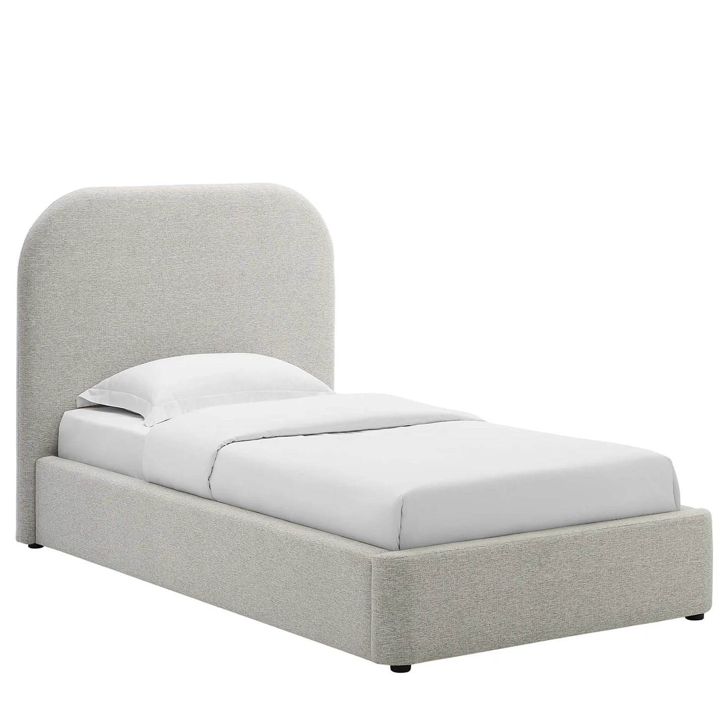 Keynote Upholstered Platform Bed with Curved Headboard and Foam Padding β White, Heathered Weave Ivory Modern Bedroom Furniture