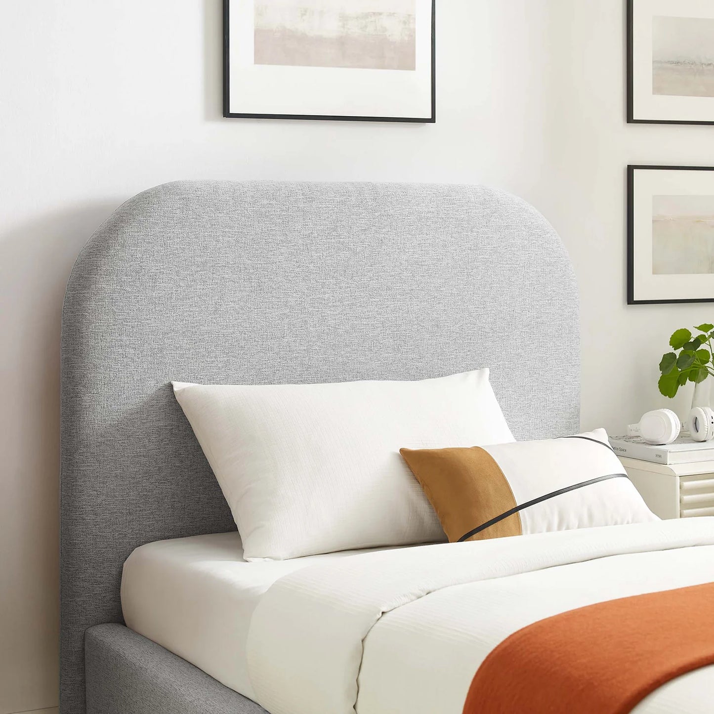 Keynote Upholstered Platform Bed with Curved Headboard and Foam Padding β White, Heathered Weave Ivory Modern Bedroom Furniture