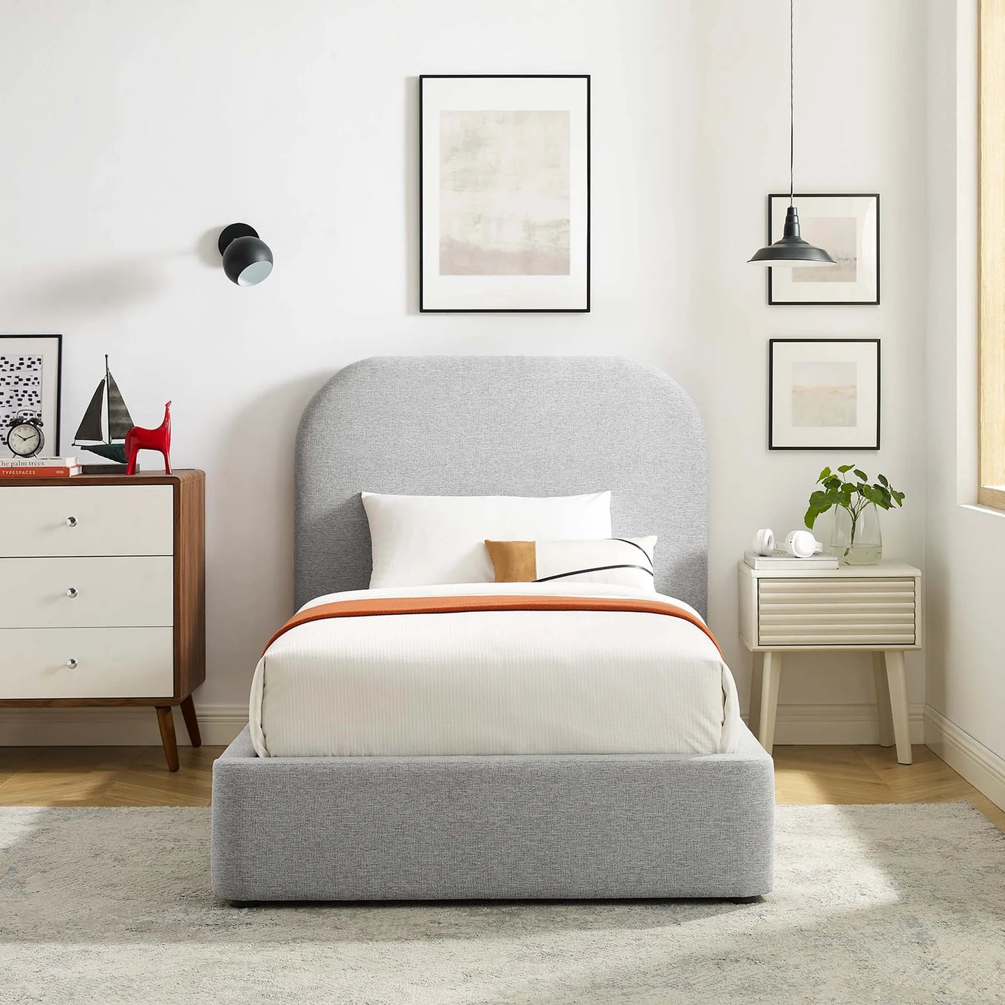Keynote Upholstered Platform Bed with Curved Headboard and Foam Padding β White, Heathered Weave Ivory Modern Bedroom Furniture