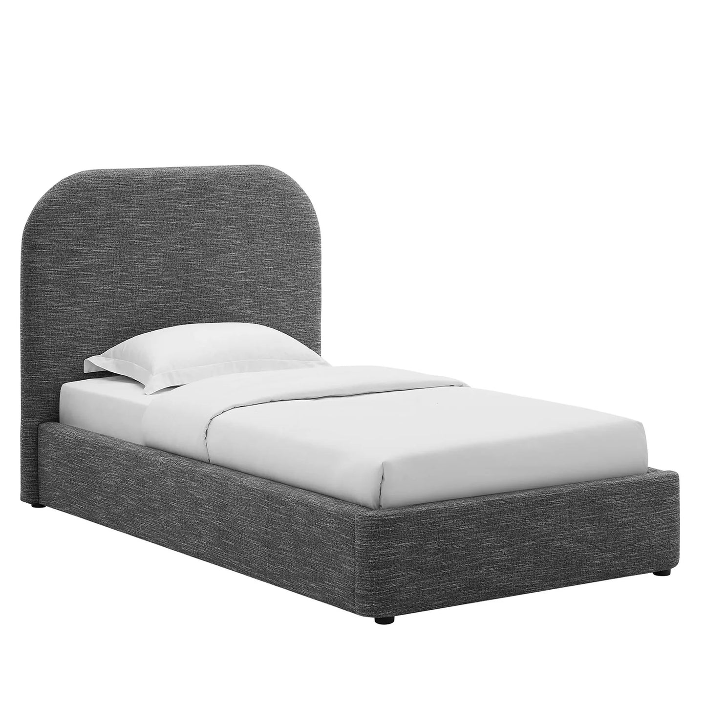 Keynote Upholstered Platform Bed with Curved Headboard and Foam Padding β White, Heathered Weave Ivory Modern Bedroom Furniture