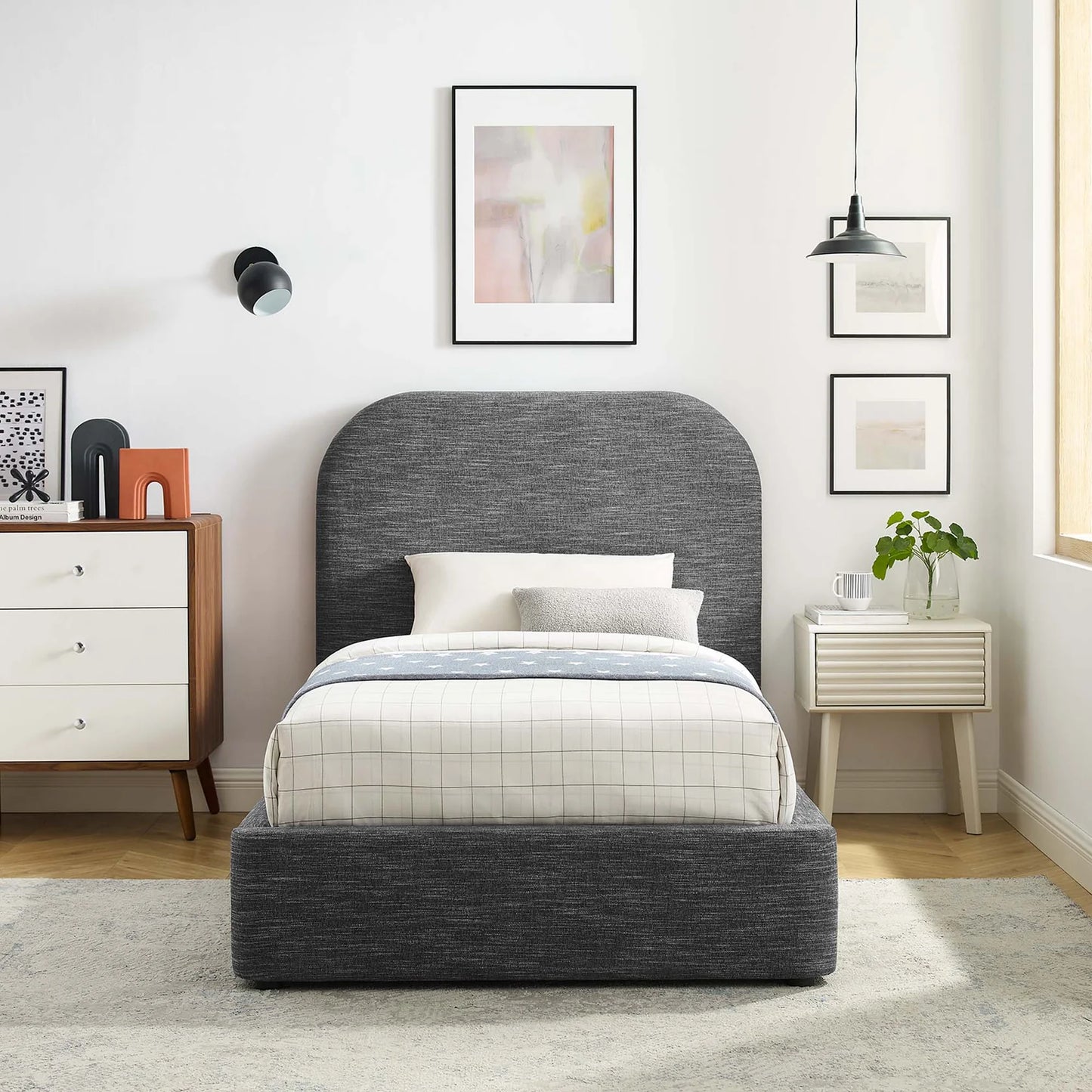 Keynote Upholstered Platform Bed with Curved Headboard and Foam Padding β White, Heathered Weave Ivory Modern Bedroom Furniture