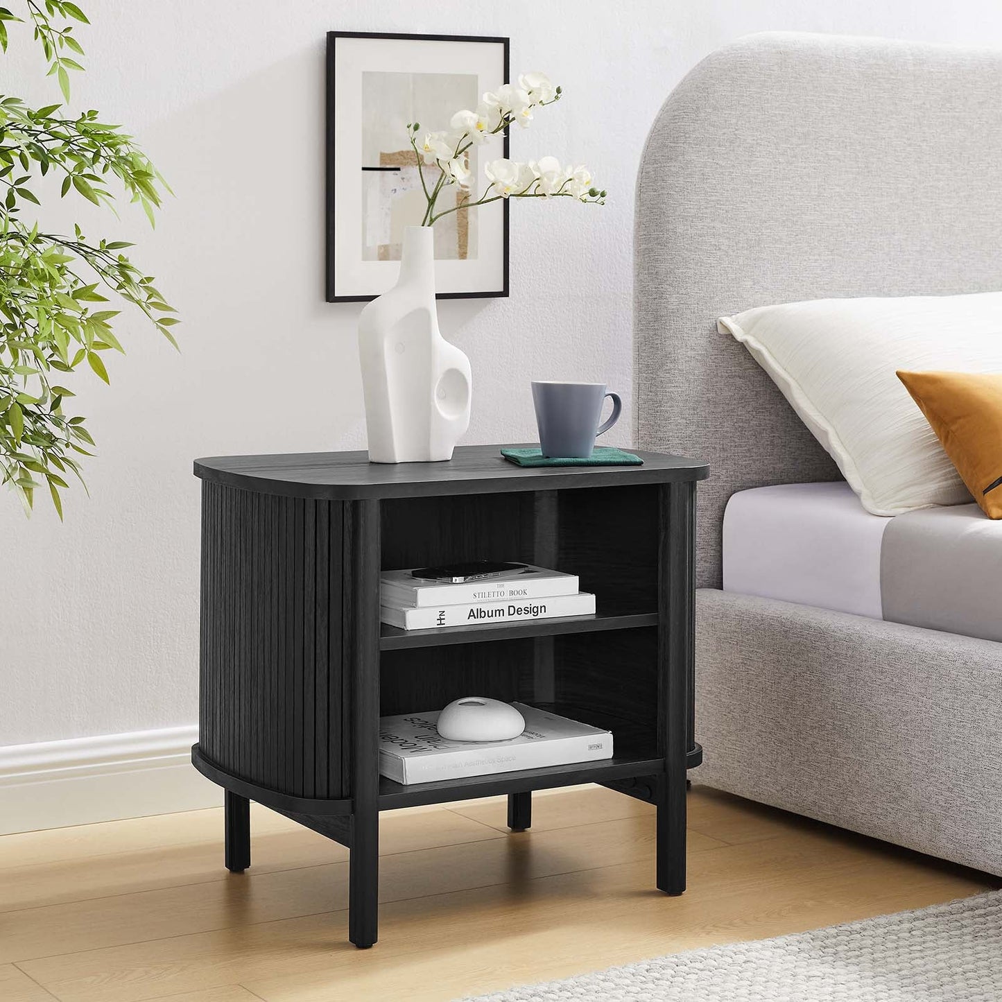 Cadence Oak and Black Walnut Open Nightstand with Fluted Design, Smooth-Glide Storage, and Wood Laminate Finish