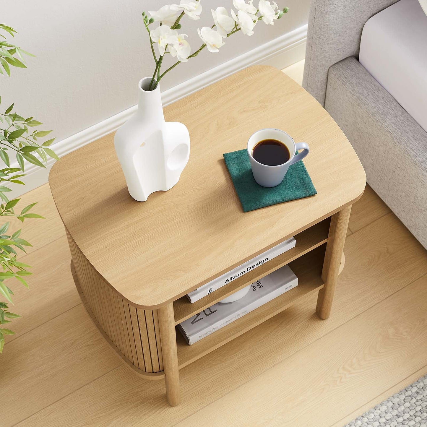 Cadence Oak and Black Walnut Open Nightstand with Fluted Design, Smooth-Glide Storage, and Wood Laminate Finish