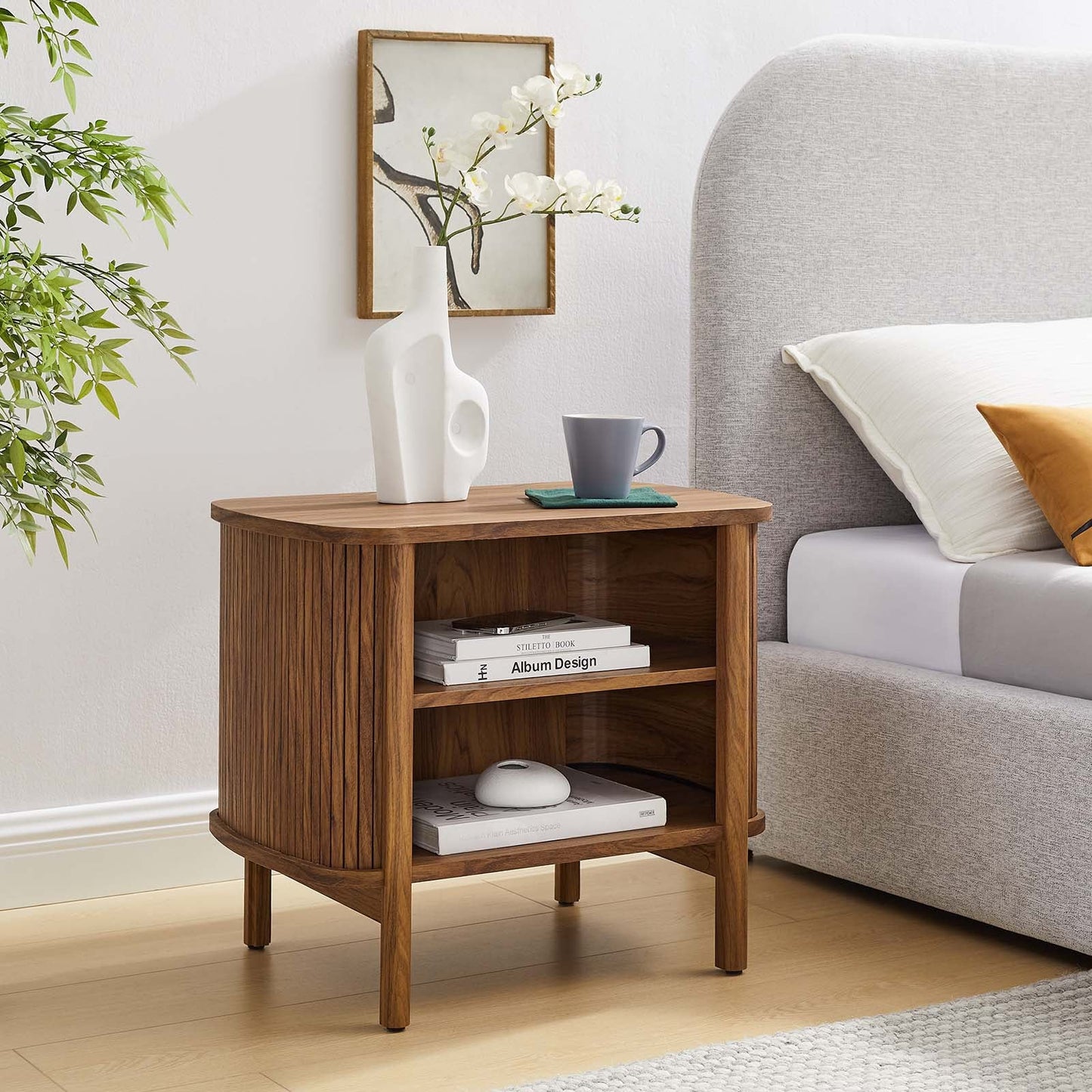 Cadence Oak and Black Walnut Open Nightstand with Fluted Design, Smooth-Glide Storage, and Wood Laminate Finish