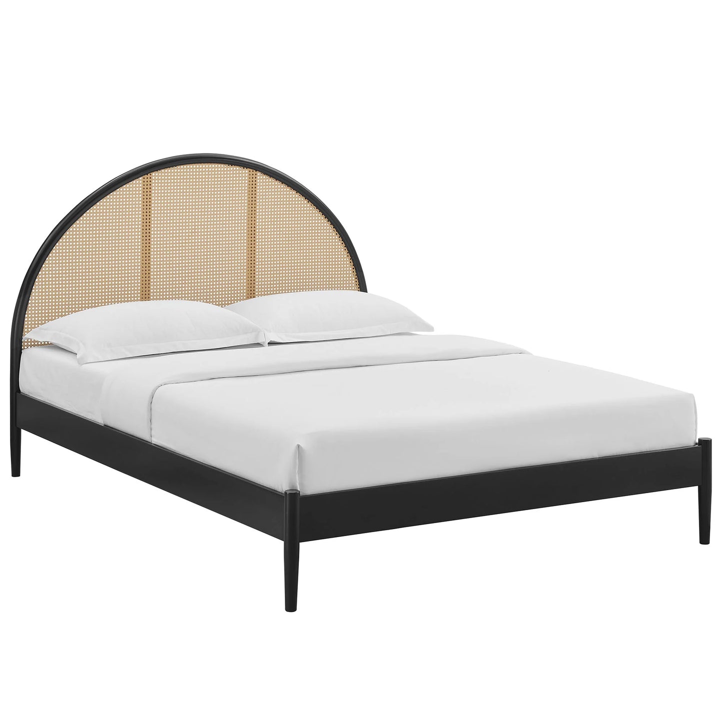 Odette Queen Arched Rattan Cane Platform Bed – Boho-Inspired Wooden Bed Frame with Natural Cane Headboard