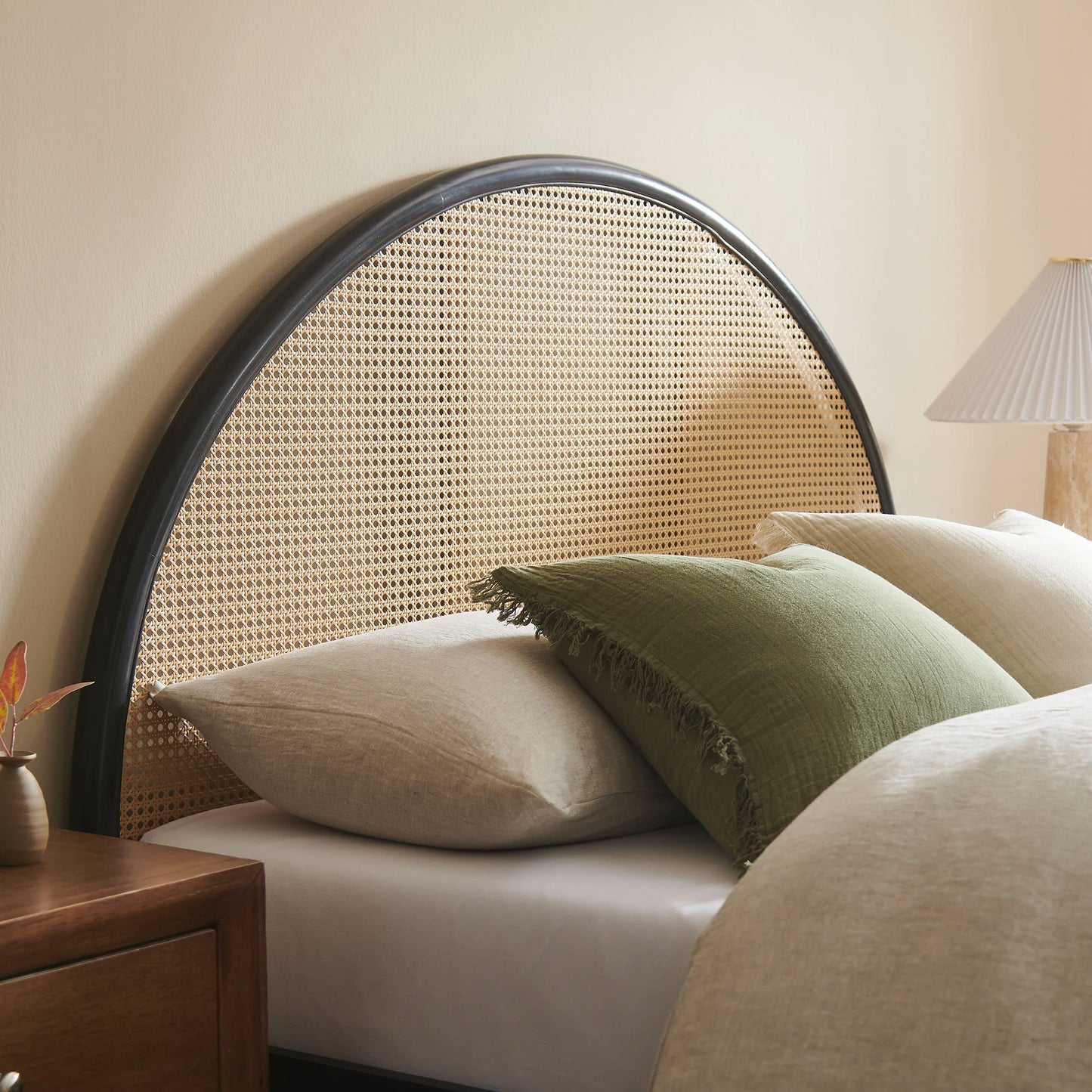 Odette Queen Arched Rattan Cane Platform Bed – Boho-Inspired Wooden Bed Frame with Natural Cane Headboard