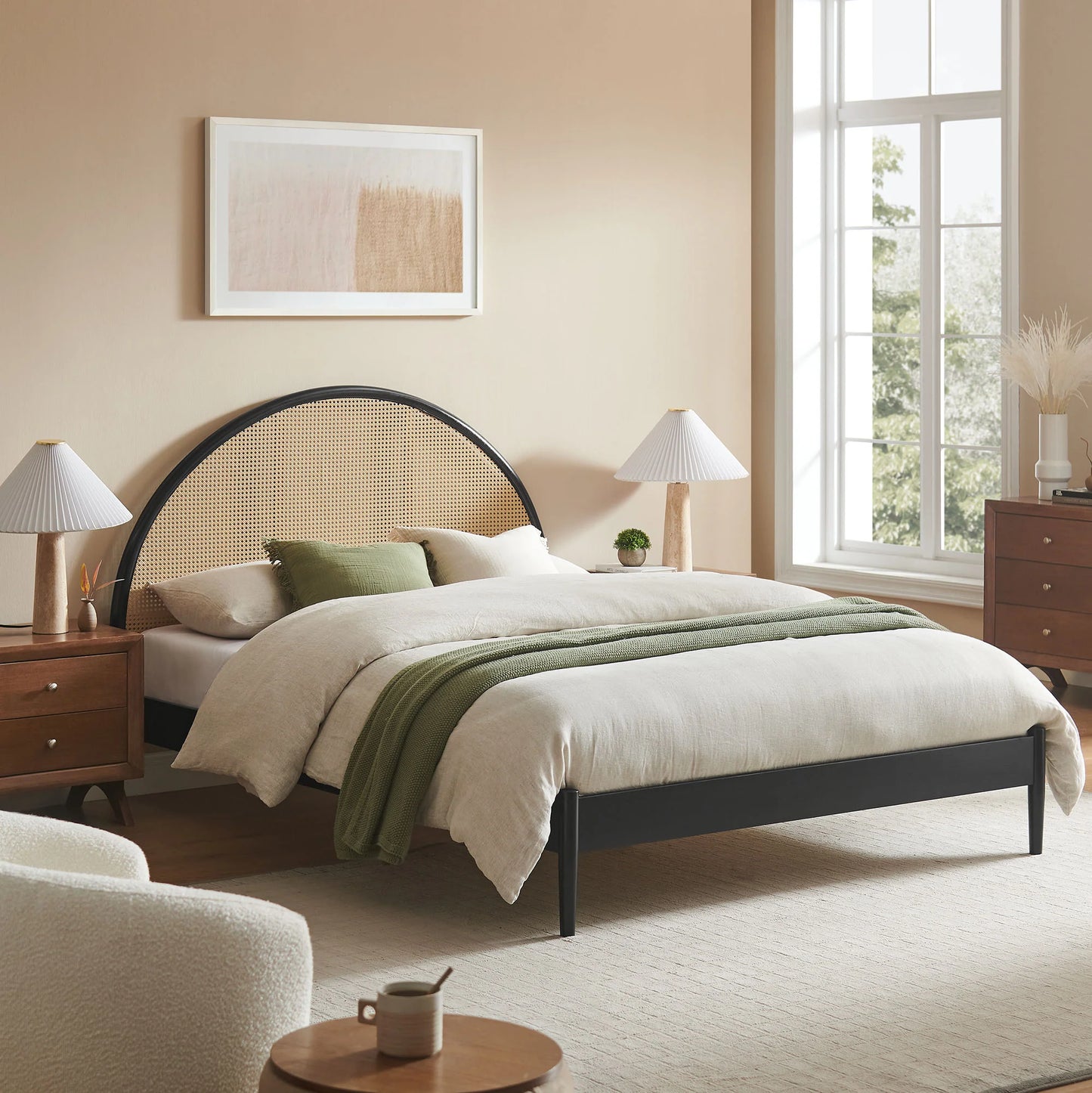 Odette Queen Arched Rattan Cane Platform Bed – Boho-Inspired Wooden Bed Frame with Natural Cane Headboard