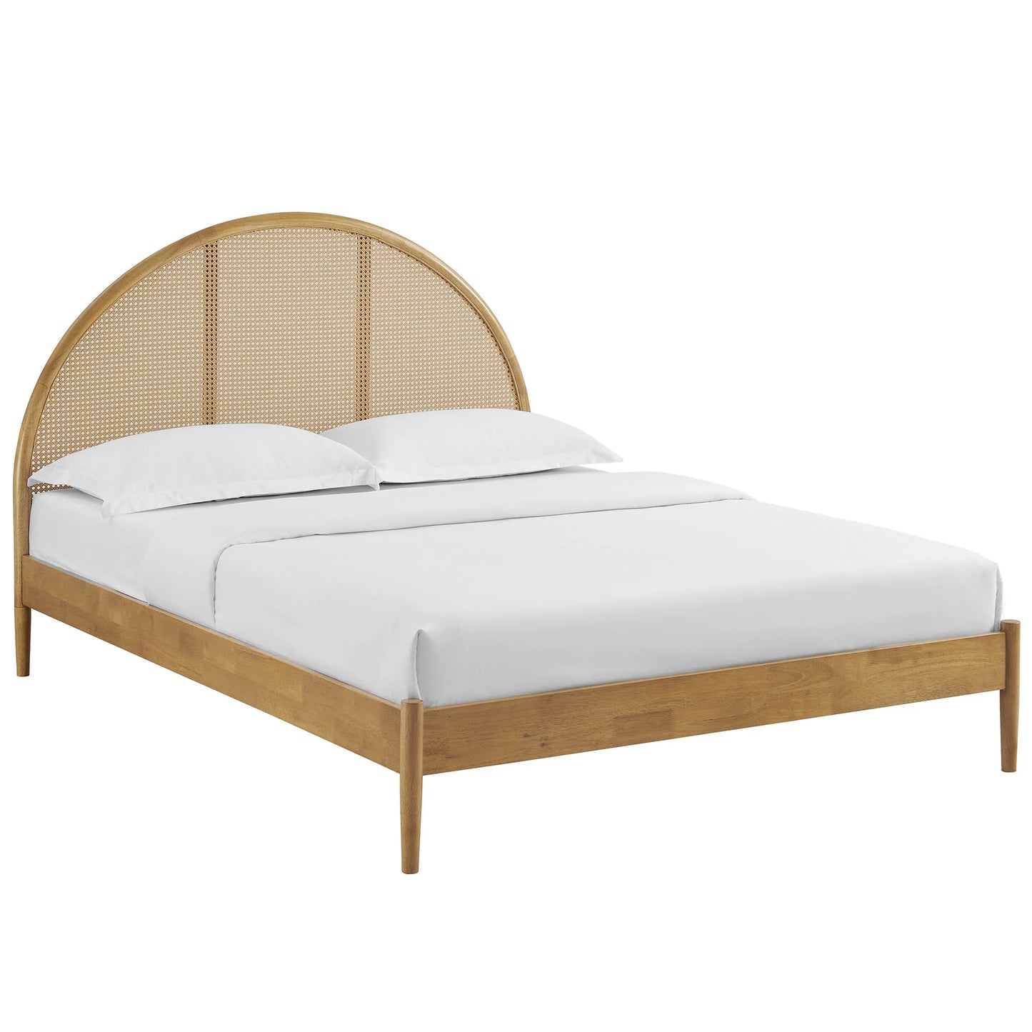 Odette Queen Arched Rattan Cane Platform Bed – Boho-Inspired Wooden Bed Frame with Natural Cane Headboard