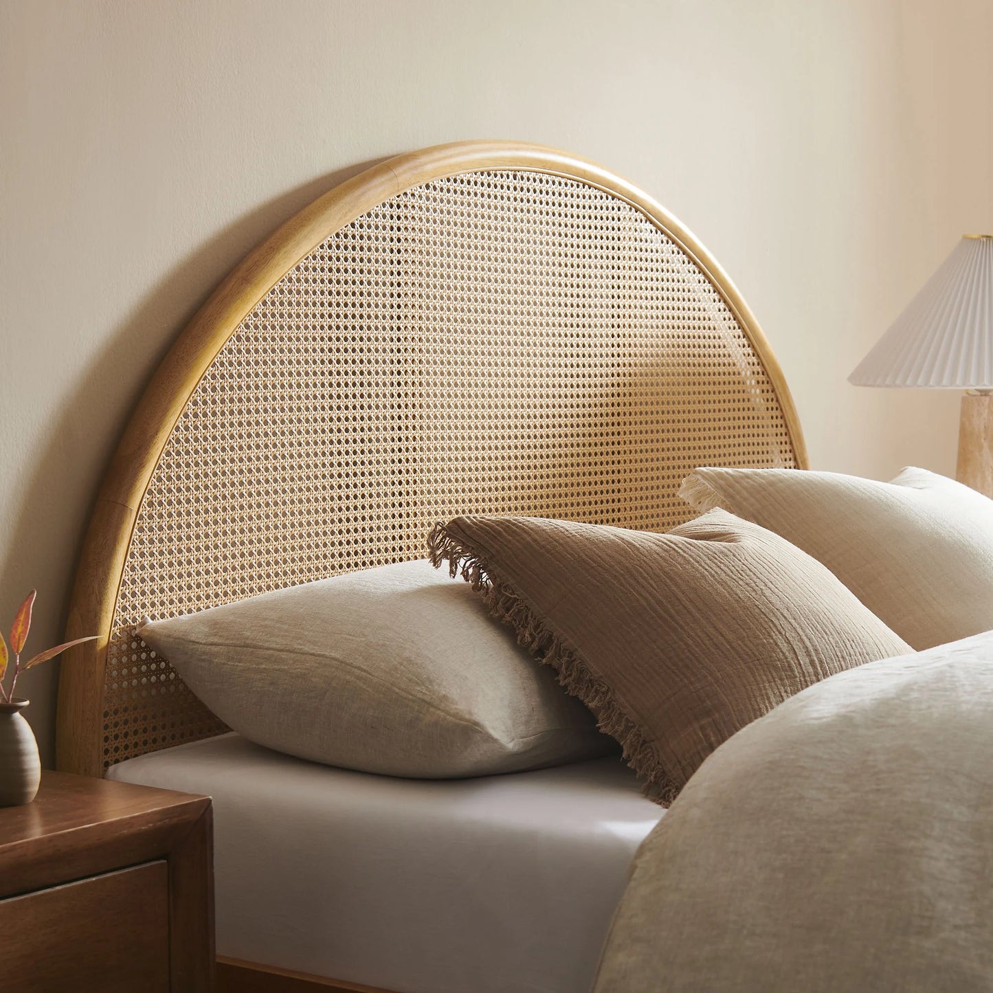 Odette Queen Arched Rattan Cane Platform Bed – Boho-Inspired Wooden Bed Frame with Natural Cane Headboard
