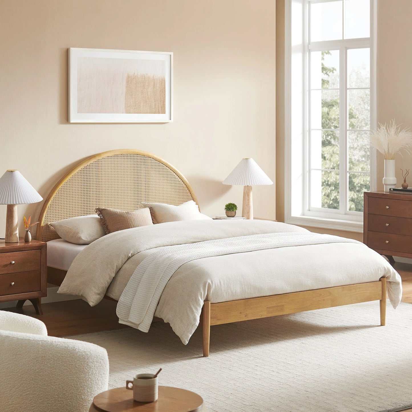 Odette Queen Arched Rattan Cane Platform Bed – Boho-Inspired Wooden Bed Frame with Natural Cane Headboard
