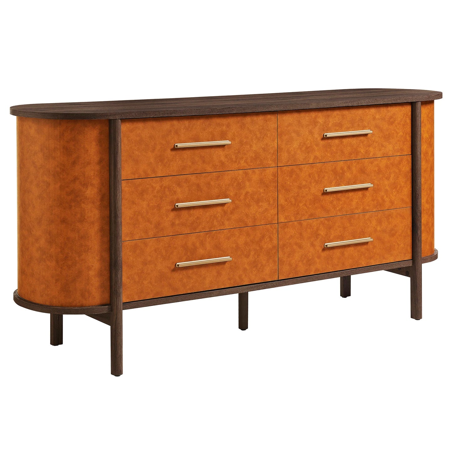 Coralie Curved 6-Drawer Vegan Leather Oval Dresser in Walnut Tan – Stylish Storage Furniture