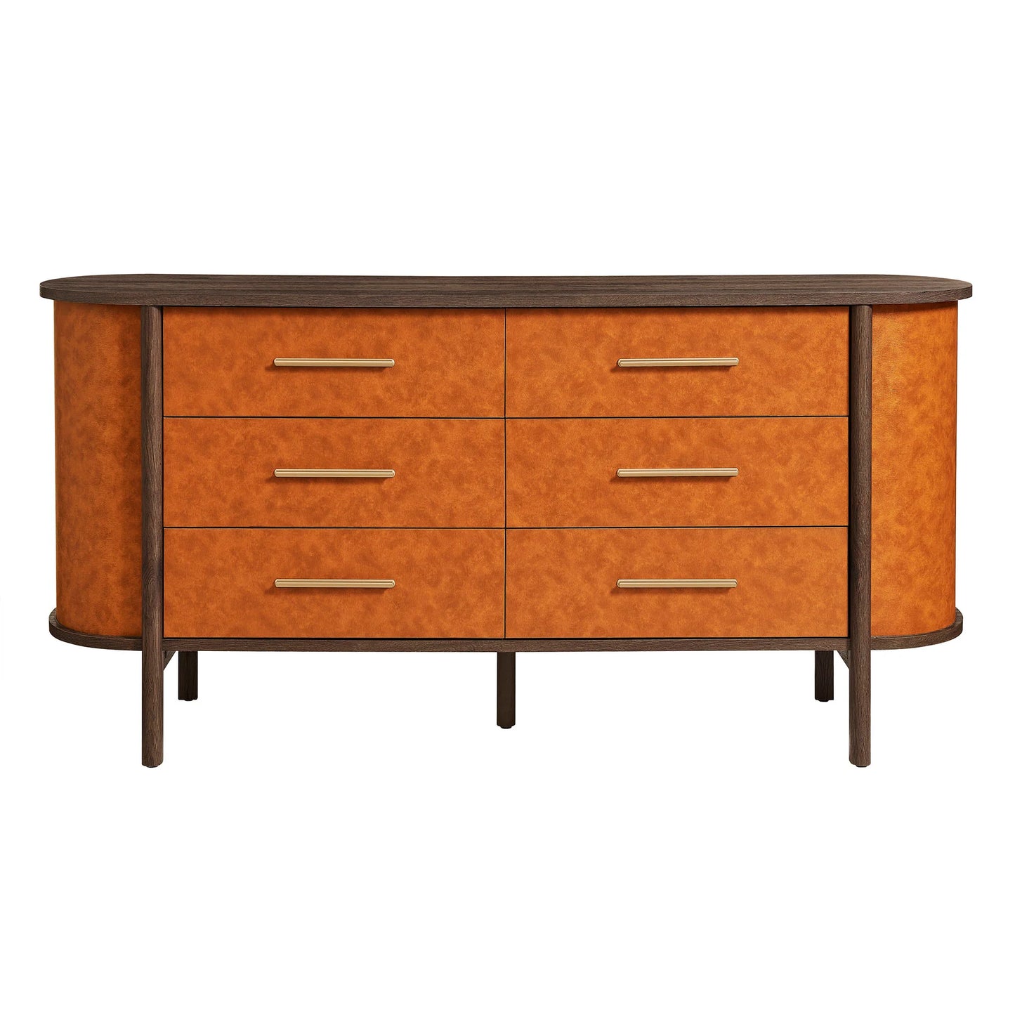 Coralie Curved 6-Drawer Vegan Leather Oval Dresser in Walnut Tan – Stylish Storage Furniture