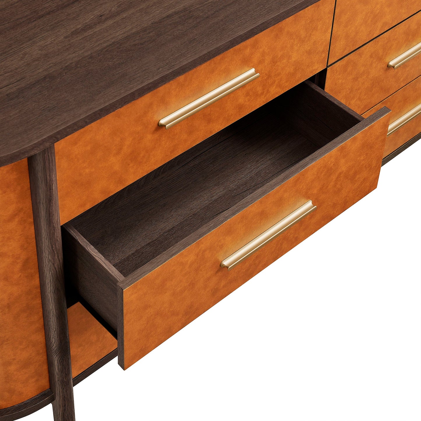 Coralie Curved 6-Drawer Vegan Leather Oval Dresser in Walnut Tan – Stylish Storage Furniture