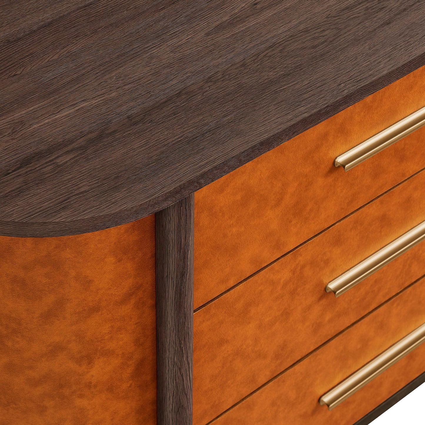 Coralie Curved 6-Drawer Vegan Leather Oval Dresser in Walnut Tan – Stylish Storage Furniture