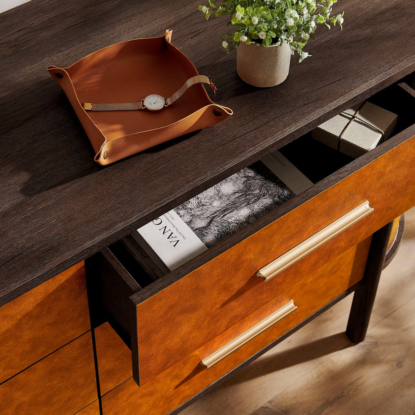 Coralie Curved 6-Drawer Vegan Leather Oval Dresser in Walnut Tan – Stylish Storage Furniture