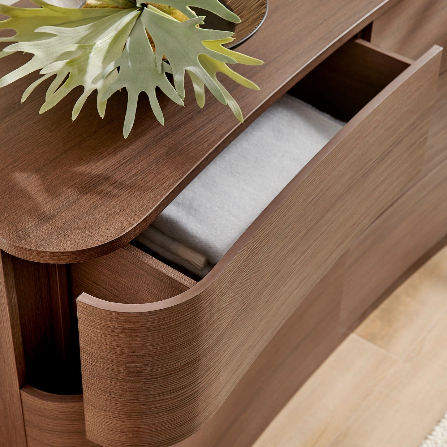 Mirae 6-Drawer Curved Dresser – Modern Wide Chest for Stylish Bedroom Storage