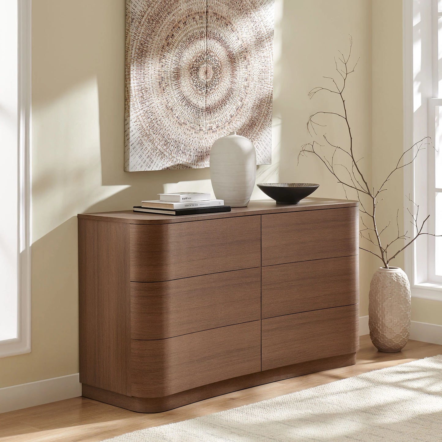 Mirae 6-Drawer Curved Dresser – Modern Wide Chest for Stylish Bedroom Storage