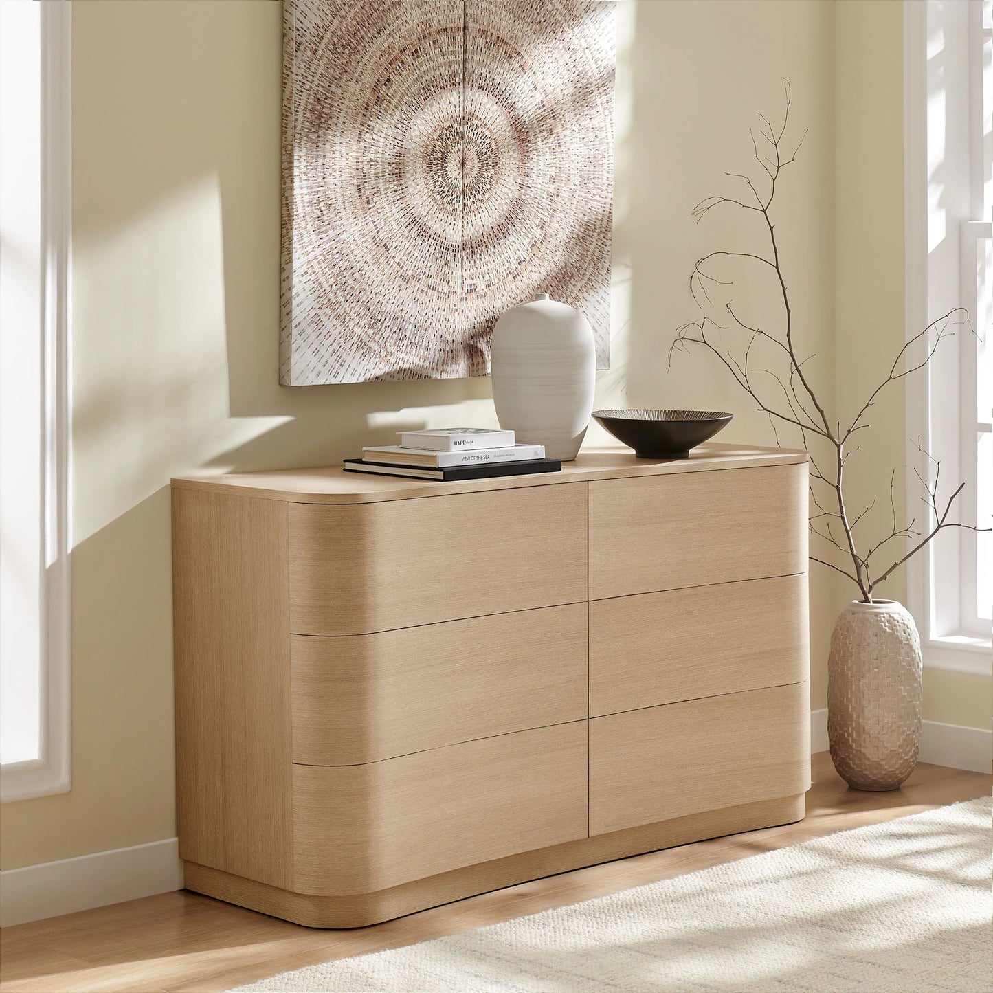 Mirae 6-Drawer Curved Dresser – Modern Wide Chest for Stylish Bedroom Storage