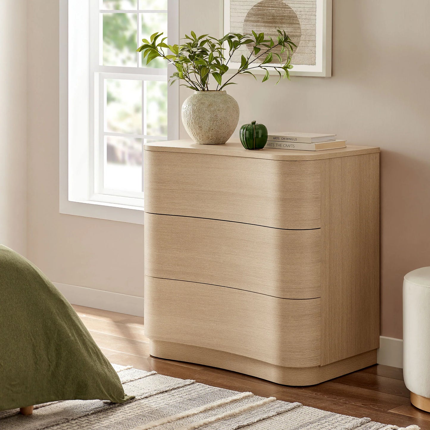 Mirae 3-Drawer Curved Compact Dresser – Modern Small-Space Bedroom Storage
