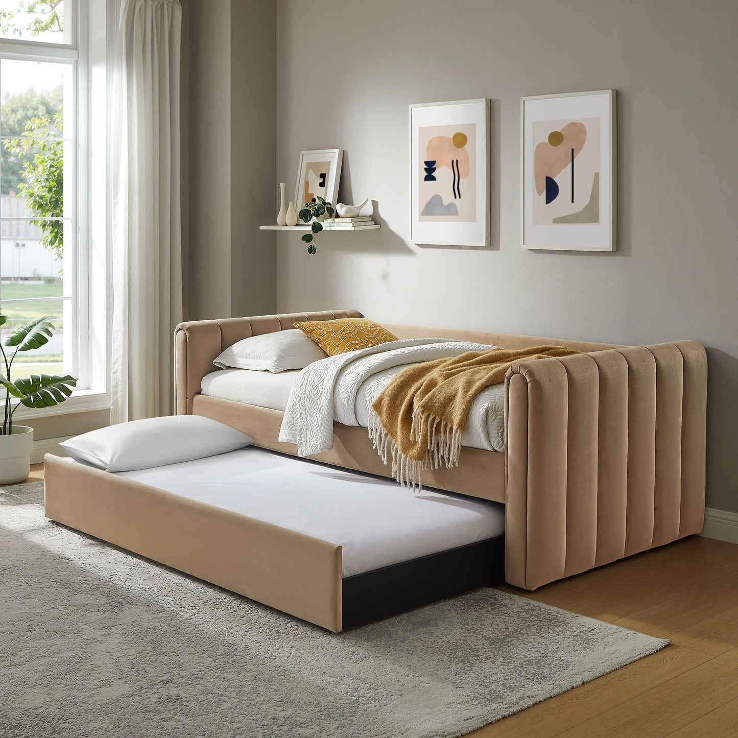 Veyla Channel Tufted Performance Velvet Twin Daybed with Trundle – Durable Sleeper Sofa