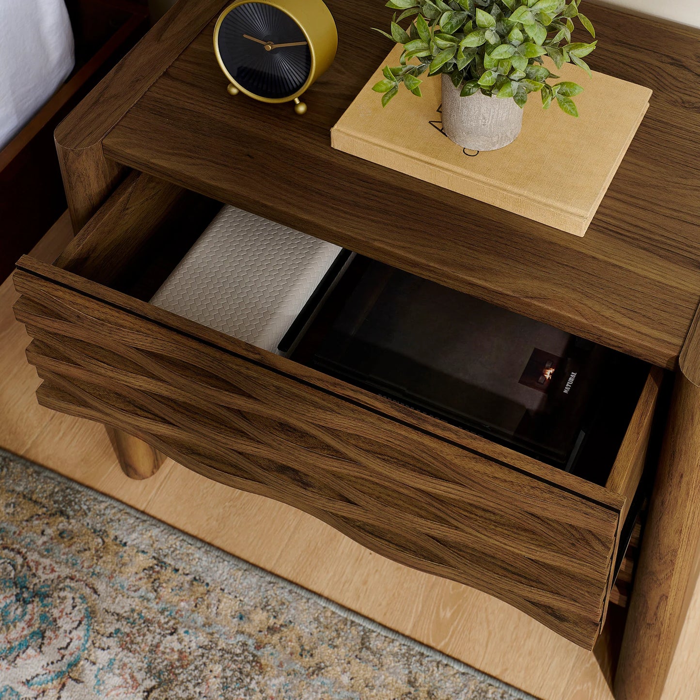 Emric Wave Nightstand – Walnut Finish with Curved Modern Design