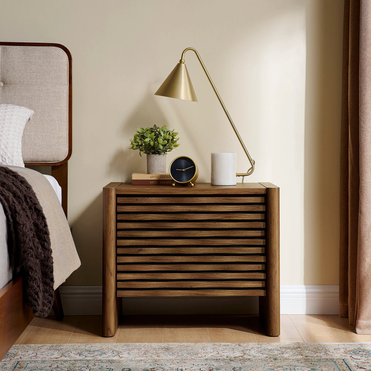 Emric Wave Nightstand – Walnut Finish with Curved Modern Design